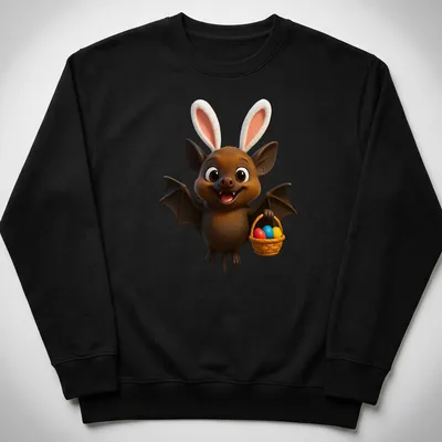 Kawaii cartoon bat holding colorful Easter eggs in a cheerful design — printed on a unisex sweatshirt