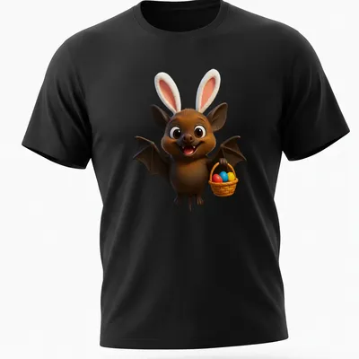 Kawaii cartoon bat holding colorful Easter eggs in a cheerful design