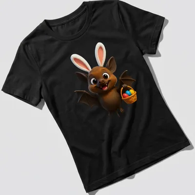 Kawaii cartoon bat holding colorful Easter eggs in a cheerful design — printed on a women's shirt