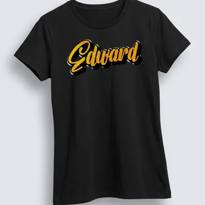 Bold yellow script of the name Edward on a black — printed on a women's shirt
