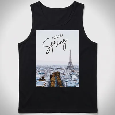 Minimalist print features the Eiffel Tower with 'HELLO Spring' text in light blue and gold — printed on a tank top