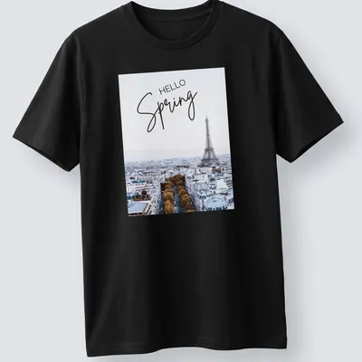 Minimalist print features the Eiffel Tower with 'HELLO Spring' text in light blue and gold