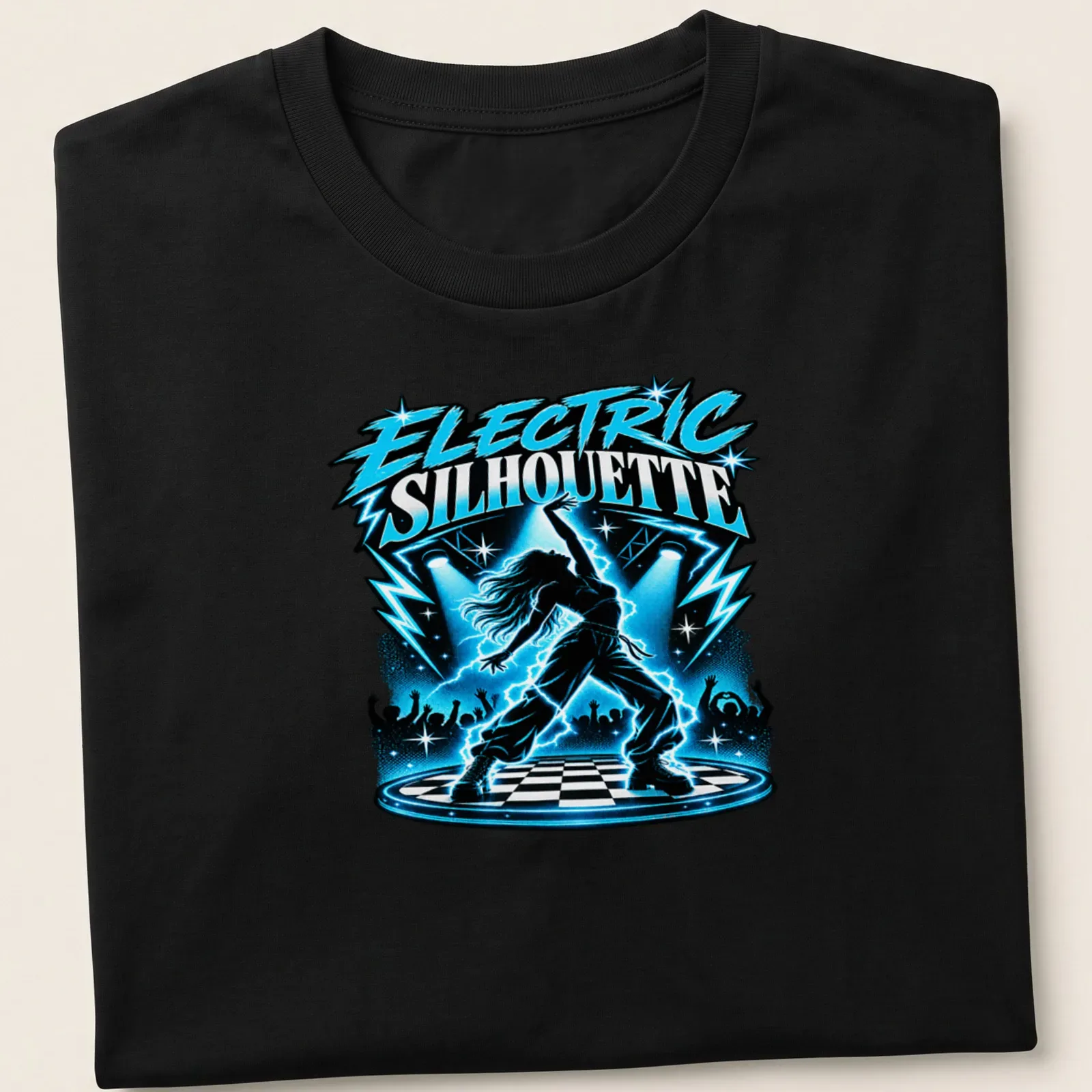 Pop art dancer silhouette with vibrant colors in electric theme. — printed on a unisex t-shirt