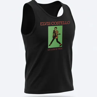 Vintage-style t-shirt featuring Elvis Costello's 'My Aim Is True' album art — printed on a tank top