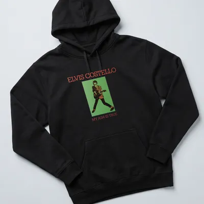 Vintage-style t-shirt featuring Elvis Costello's 'My Aim Is True' album art — printed on a unisex hoodie