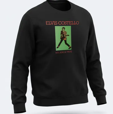 Vintage-style t-shirt featuring Elvis Costello's 'My Aim Is True' album art — printed on a unisex sweatshirt
