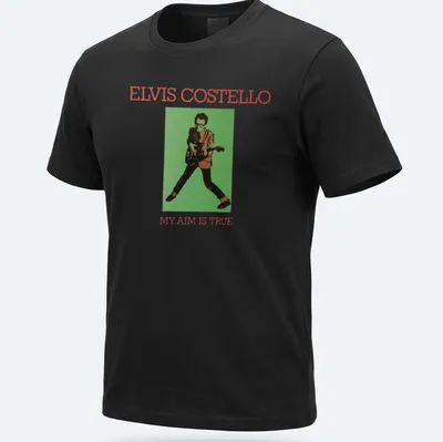 Vintage-style t-shirt featuring Elvis Costello's 'My Aim Is True' album art