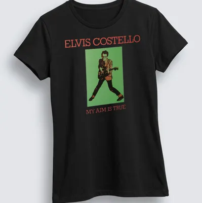 Vintage-style t-shirt featuring Elvis Costello's 'My Aim Is True' album art — printed on a women's shirt
