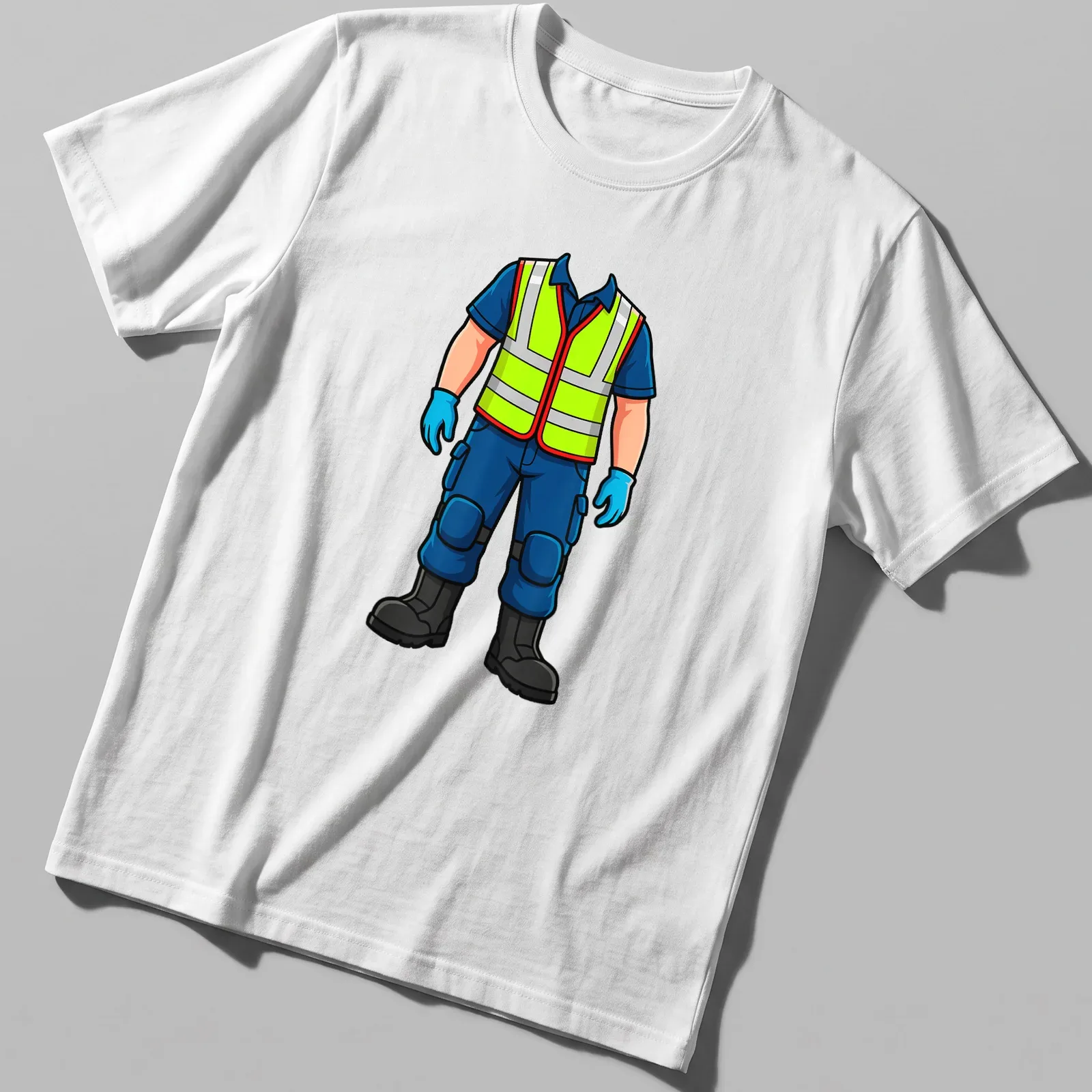 Cartoon illustration of an emergency medical responder uniform in bright colors — printed on a unisex t-shirt