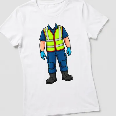 Cartoon illustration of an emergency medical responder uniform in bright colors — printed on a women's shirt