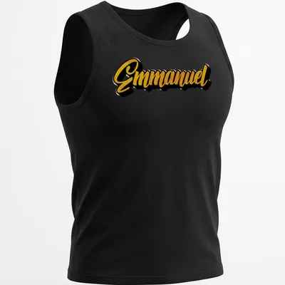 Bold script shirt with the name Emmanuel in yellow and black colors — printed on a tank top
