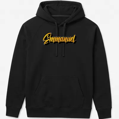 Bold script shirt with the name Emmanuel in yellow and black colors — printed on a unisex hoodie