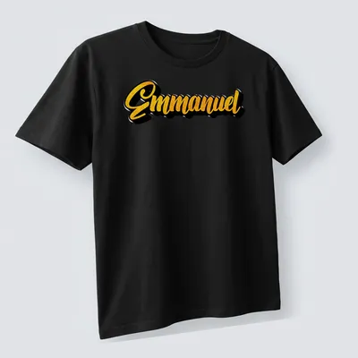 Bold script shirt with the name Emmanuel in yellow and black colors — printed on a unisex t-shirt (angled view)