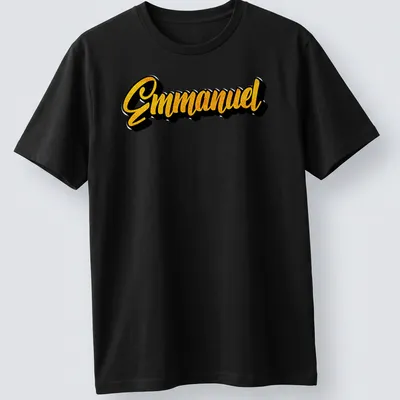 Bold script shirt with the name Emmanuel in yellow and black colors