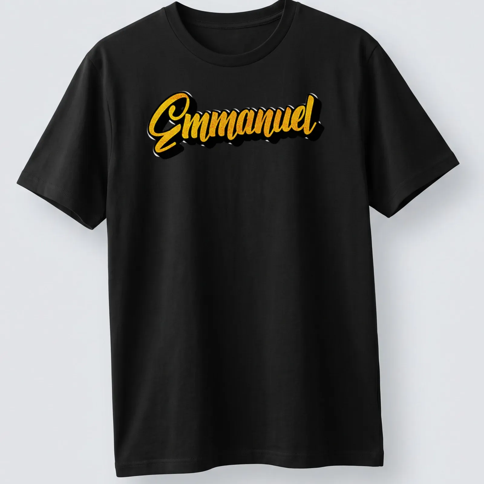 Bold script shirt with the name Emmanuel in yellow and black colors — printed on a unisex t-shirt