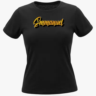 Bold script shirt with the name Emmanuel in yellow and black colors — printed on a women's shirt