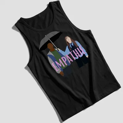 Flat design of two figures sharing an umbrella with the word 'EMPATHIE' above them — printed on a tank top