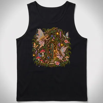 Illustrated fairy door surrounded by nature in multiple colors — printed on a tank top