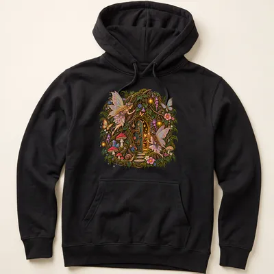 Illustrated fairy door surrounded by nature in multiple colors — printed on a unisex hoodie