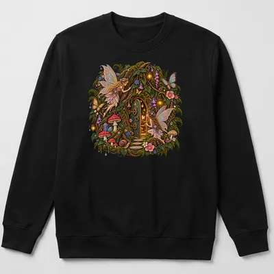 Illustrated fairy door surrounded by nature in multiple colors — printed on a unisex sweatshirt