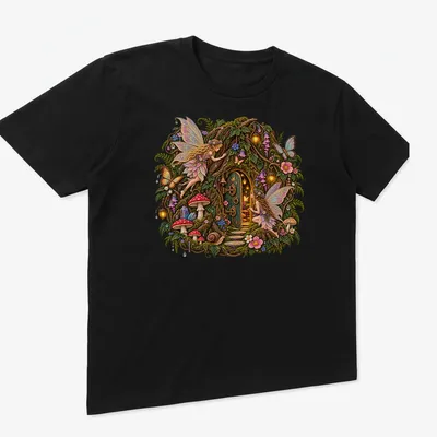 Illustrated fairy door surrounded by nature in multiple colors — printed on a unisex t-shirt (angled view)