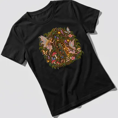 Illustrated fairy door surrounded by nature in multiple colors — printed on a women's shirt