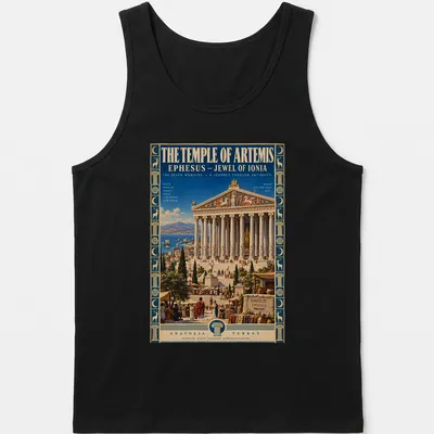 Vintage style shirt featuring the Temple of Artemis and travel-inspired text in blue, gold, and green. — printed on a tank top