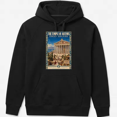 Vintage style shirt featuring the Temple of Artemis and travel-inspired text in blue, gold, and green. — printed on a unisex hoodie