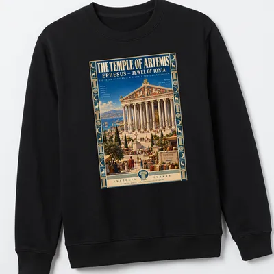 Vintage style shirt featuring the Temple of Artemis and travel-inspired text in blue, gold, and green. — printed on a unisex sweatshirt