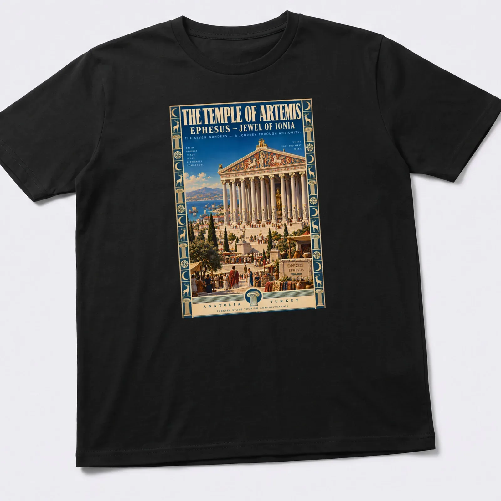 Vintage style shirt featuring the Temple of Artemis and travel-inspired text in blue, gold, and green. — printed on a unisex t-shirt