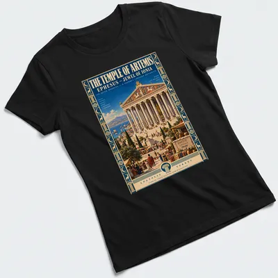 Vintage style shirt featuring the Temple of Artemis and travel-inspired text in blue, gold, and green. — printed on a women's shirt