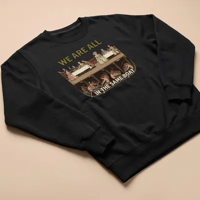 Vintage illustration of diverse people with text about unity on a T-shirt. — printed on a unisex sweatshirt