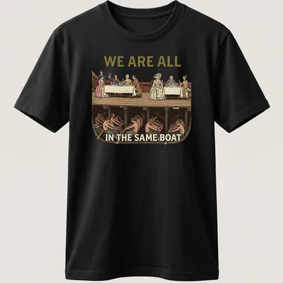 Vintage illustration of diverse people with text about unity on a T-shirt.