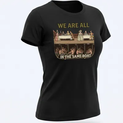 Vintage illustration of diverse people with text about unity on a T-shirt. — printed on a women's shirt