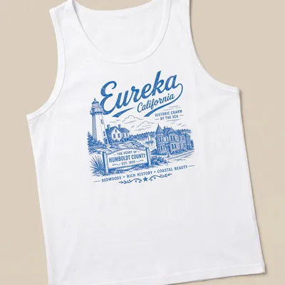 Vintage illustration of Eureka California Lighthouse and Victorian Houses with text — printed on a tank top