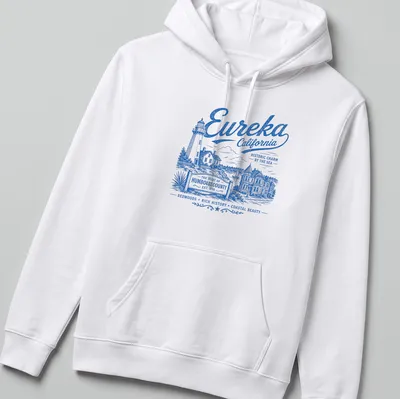 Vintage illustration of Eureka California Lighthouse and Victorian Houses with text — printed on a unisex hoodie