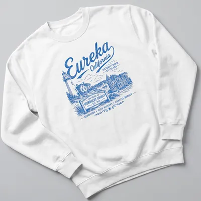 Vintage illustration of Eureka California Lighthouse and Victorian Houses with text — printed on a unisex sweatshirt