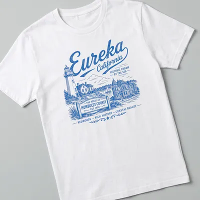 Vintage illustration of Eureka California Lighthouse and Victorian Houses with text