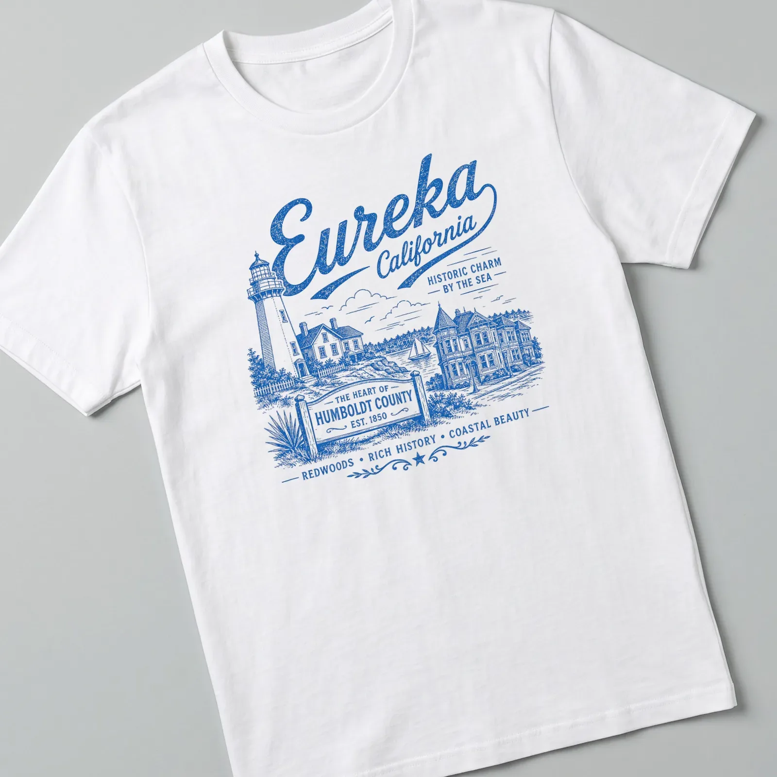 Vintage illustration of Eureka California Lighthouse and Victorian Houses with text — printed on a unisex t-shirt
