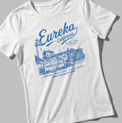 Vintage illustration of Eureka California Lighthouse and Victorian Houses with text — printed on a women's shirt
