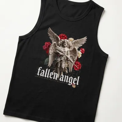Surreal illustration of a fallen angel with multiple eyes and wings, featuring a faith-based quote. — printed on a tank top