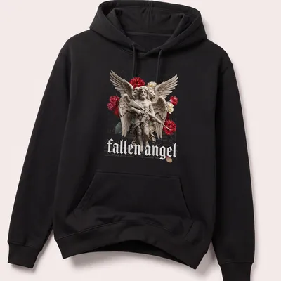 Surreal illustration of a fallen angel with multiple eyes and wings, featuring a faith-based quote. — printed on a unisex hoodie