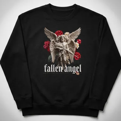 Surreal illustration of a fallen angel with multiple eyes and wings, featuring a faith-based quote. — printed on a unisex sweatshirt