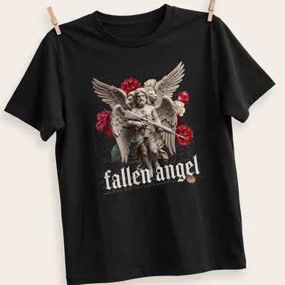 Surreal illustration of a fallen angel with multiple eyes and wings, featuring a faith-based quote.