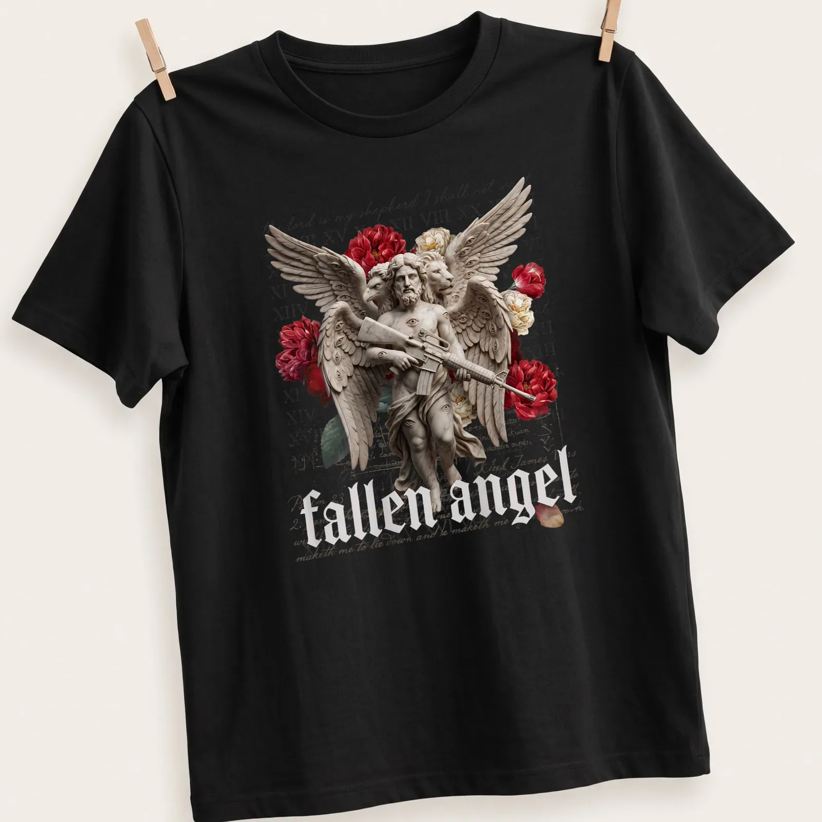 Surreal illustration of a fallen angel with multiple eyes and wings, featuring a faith-based quote. — printed on a unisex t-shirt