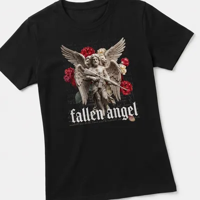 Surreal illustration of a fallen angel with multiple eyes and wings, featuring a faith-based quote. — printed on a women's shirt