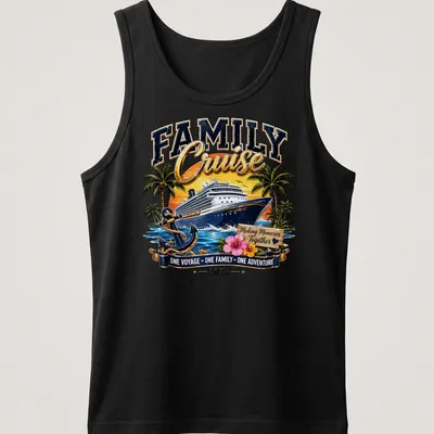 T-shirt featuring a colorful cruise ship and the text 'Making Memories Together ONE VOYAGE ONE FAMILY ONE ADVENTURE 2027.' — printed on a tank top