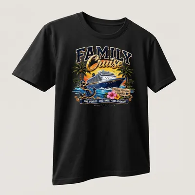 T-shirt featuring a colorful cruise ship and the text 'Making Memories Together ONE VOYAGE ONE FAMILY ONE ADVENTURE 2027.' — printed on a unisex t-shirt (angled view)