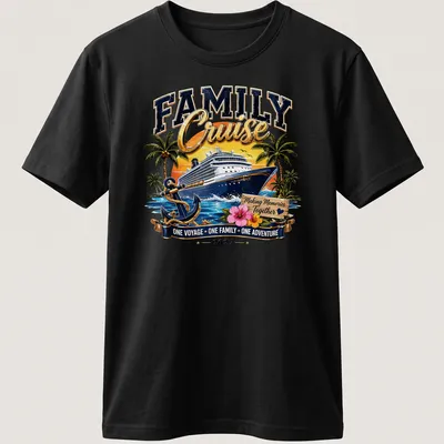 T-shirt featuring a colorful cruise ship and the text 'Making Memories Together ONE VOYAGE ONE FAMILY ONE ADVENTURE 2027.'