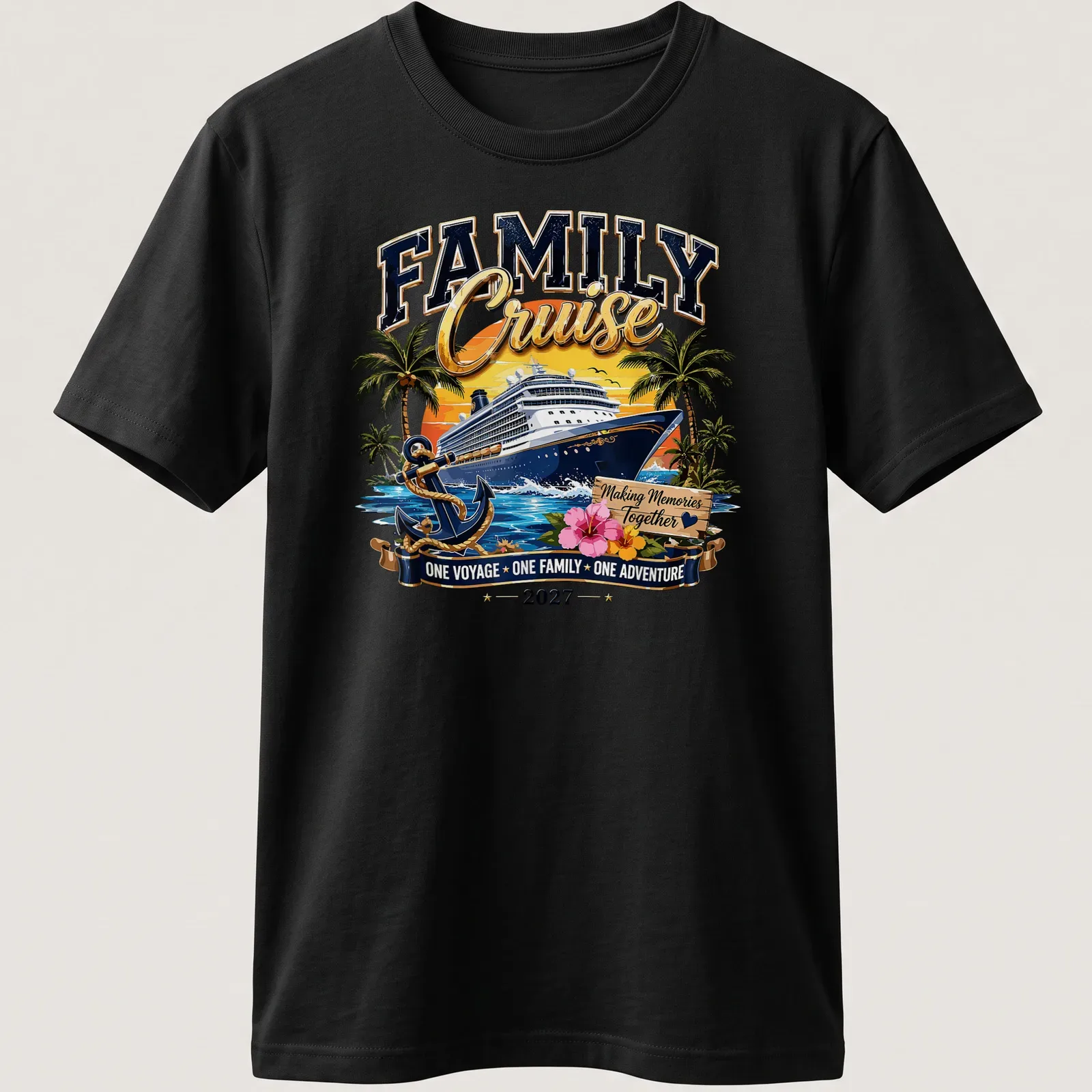 T-shirt featuring a colorful cruise ship and the text 'Making Memories Together ONE VOYAGE ONE FAMILY ONE ADVENTURE 2027.' — printed on a unisex t-shirt